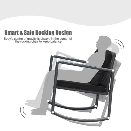 3 Pieces Cushioned Patio Rattan Set with Rocking Chair and Table-Black - Black - Patio Conversation Sets