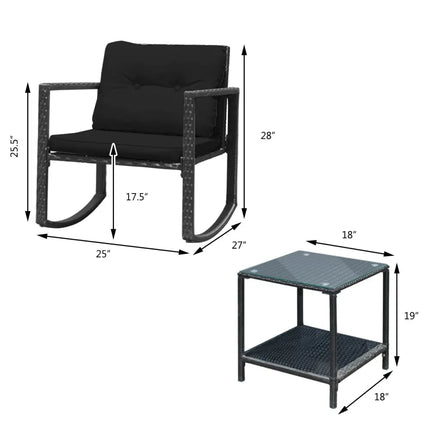 3 Pieces Cushioned Patio Rattan Set with Rocking Chair and Table-Black - Black - Patio Conversation Sets