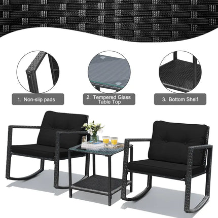 3 Pieces Cushioned Patio Rattan Set with Rocking Chair and Table-Black - Black - Patio Conversation Sets