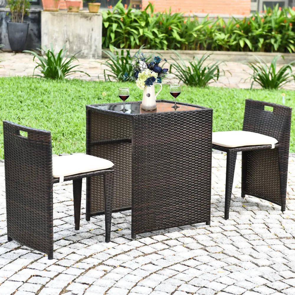 3 Pieces Cushioned Wicker Patio Bistro Set with No Assembly Needed - Black - Patio Conversation Sets