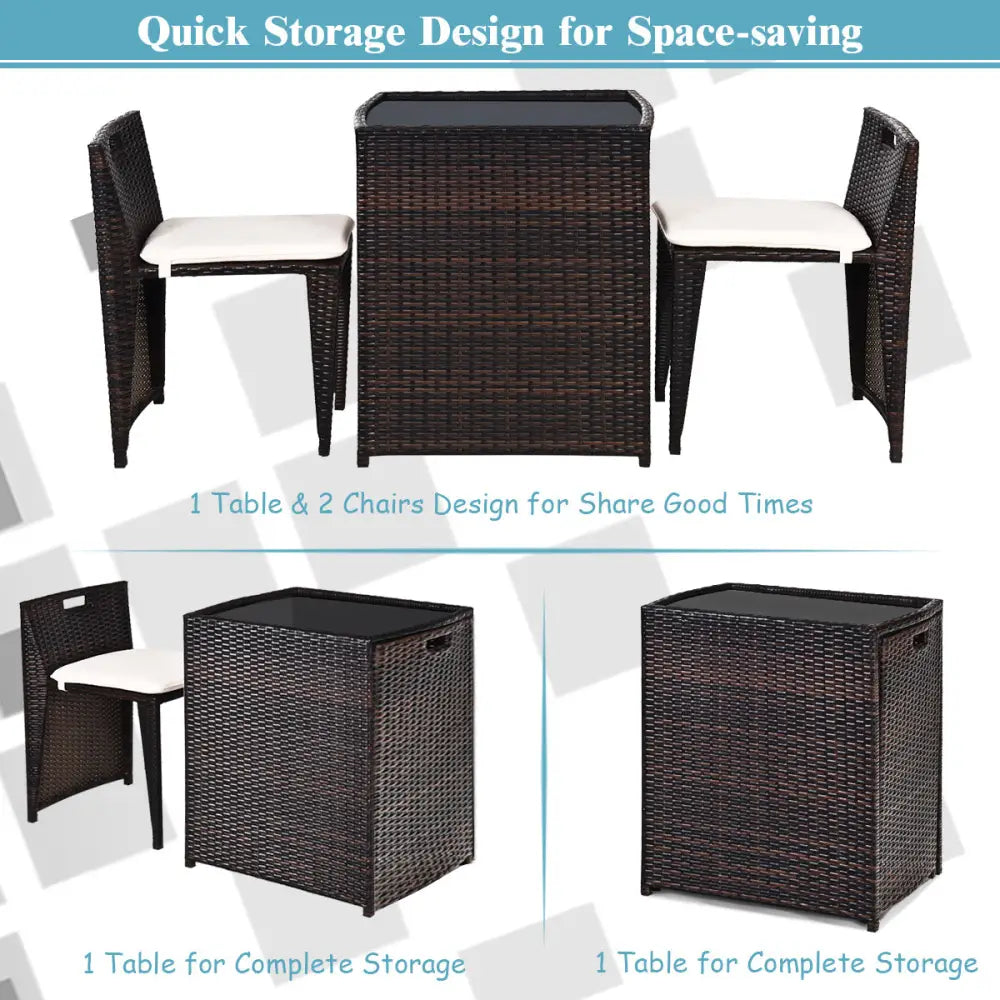 3 Pieces Cushioned Wicker Patio Bistro Set with No Assembly Needed - Black - Patio Conversation Sets