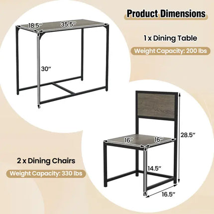 3 Pieces Dining Set Compact Table and 2 Chair with Metal Frame for Small Space-Oak Costway