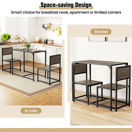 3 Pieces Dining Set Compact Table and 2 Chair with Metal Frame for Small Space-Oak Costway