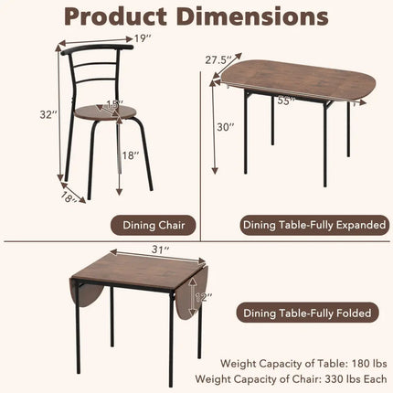 3 Pieces Dining Set with 2 Chairs and Modern Kitchen Table for Small Space-Brown Costway