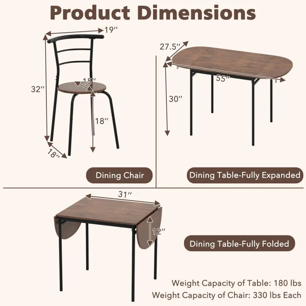 3 Pieces Dining Set with 2 Chairs and Modern Kitchen Table for Small Space-Brown - Brown - Dining Room Sets