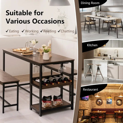 3 Pieces Dining Table Set for 4 with Wine Rack-Brown Costway