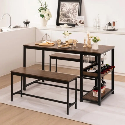 3 Pieces Dining Table Set for 4 with Wine Rack-Brown Costway
