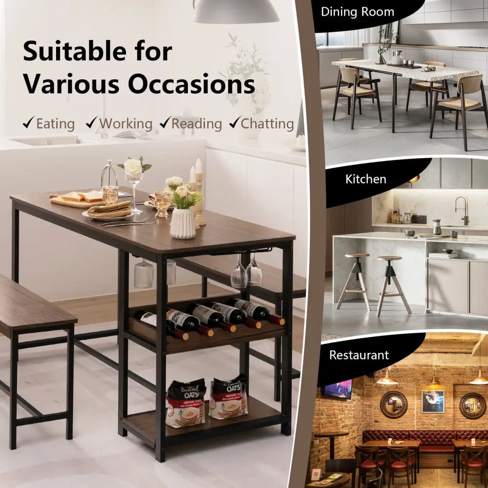 3 Pieces Dining Table Set for 4 with Wine Rack-Brown - Brown - Dining Room Sets