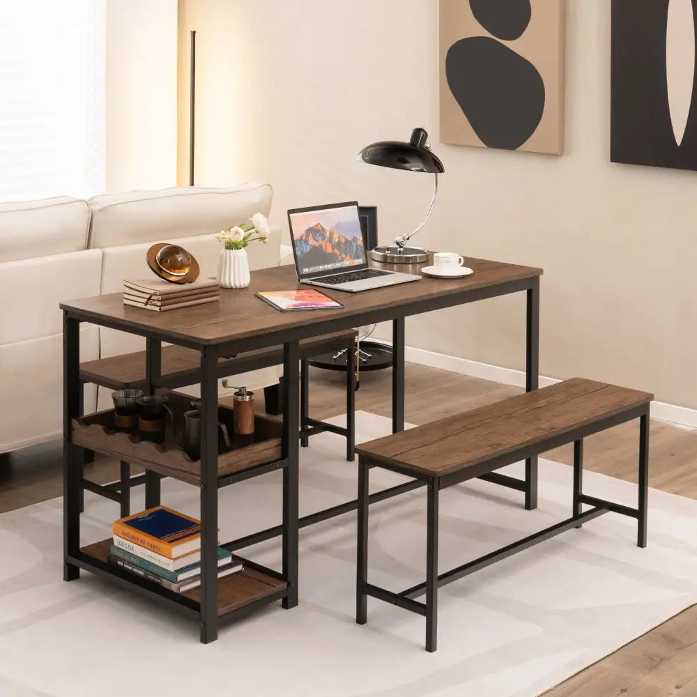 3 Pieces Dining Table Set for 4 with Wine Rack-Brown - Brown - Dining Room Sets