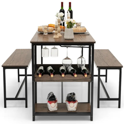 3 Pieces Dining Table Set for 4 with Wine Rack-Brown Costway