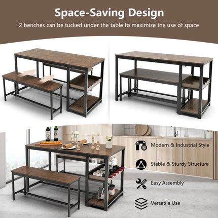 3 Pieces Dining Table Set for 4 with Wine Rack-Brown Costway