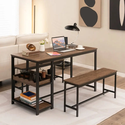 3 Pieces Dining Table Set for 4 with Wine Rack-Brown Costway