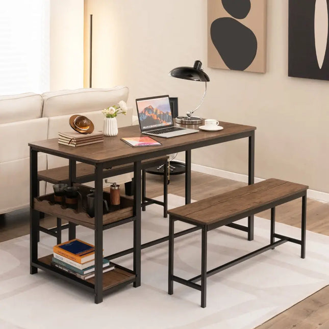 3 Pieces Dining Table Set for 4 with Wine Rack-Brown Costway