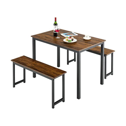 3 Pieces Dining Table Set with 2 Benches for Dining Room Kitchen Bar-Brown Costway