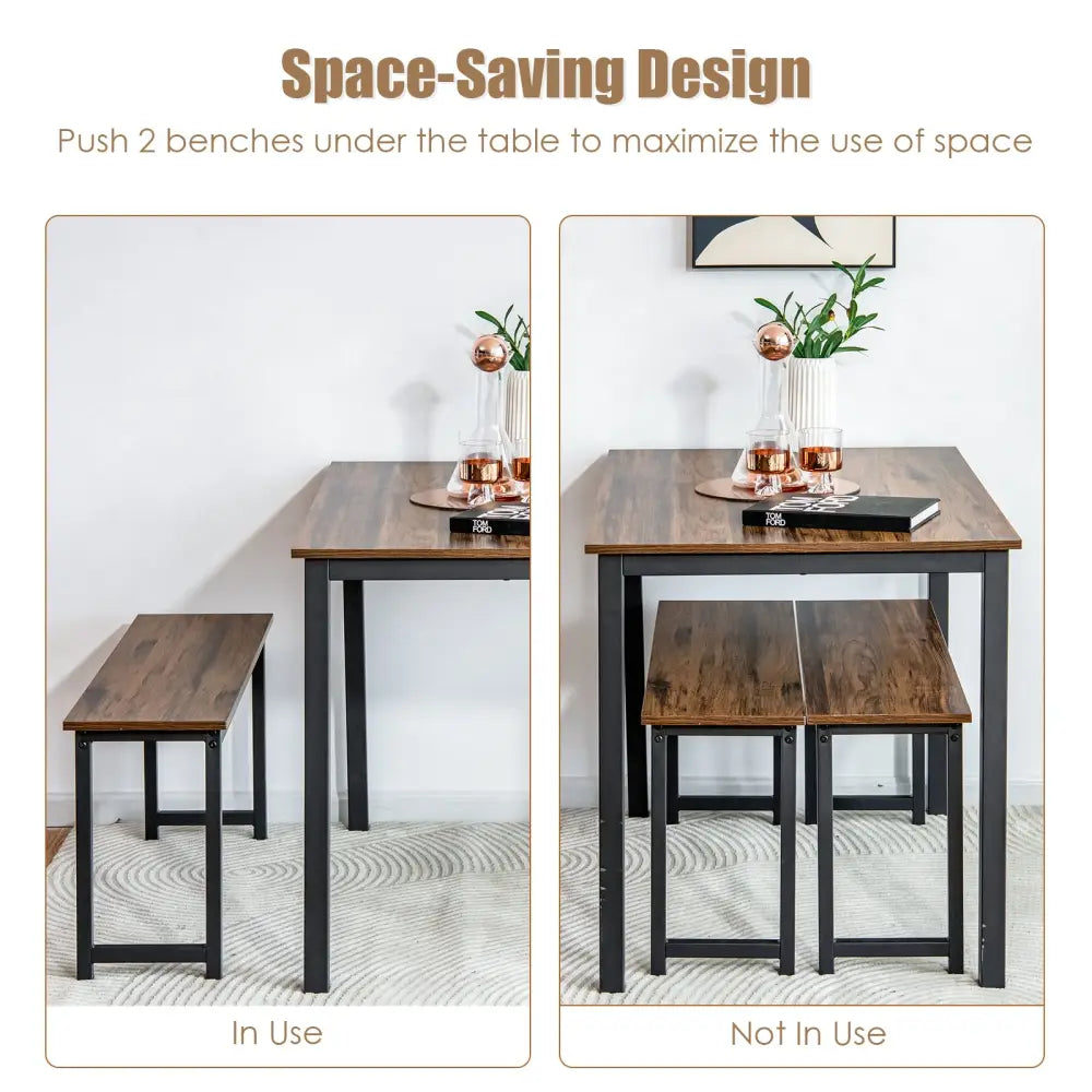 3 Pieces Dining Table Set with 2 Benches for Dining Room Kitchen Bar-Brown - Brown - Dining Room Sets