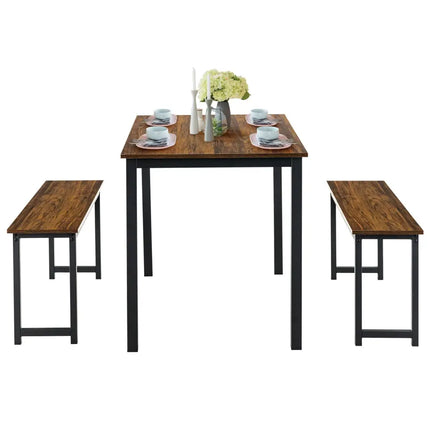 3 Pieces Dining Table Set with 2 Benches for Dining Room Kitchen Bar-Brown Costway