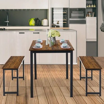 3 Pieces Dining Table Set with 2 Benches for Dining Room Kitchen Bar-Brown Costway