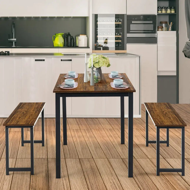 3 Pieces Dining Table Set with 2 Benches for Dining Room Kitchen Bar-Brown Costway