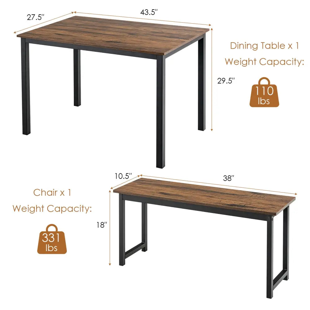 3 Pieces Dining Table Set with 2 Benches for Dining Room Kitchen Bar-Brown - Brown - Dining Room Sets