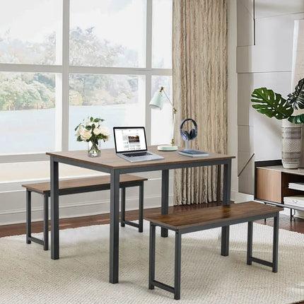 3 Pieces Dining Table Set with 2 Benches for Dining Room Kitchen Bar-Brown Costway