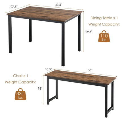 3 Pieces Dining Table Set with 2 Benches for Dining Room Kitchen Bar-Brown Costway
