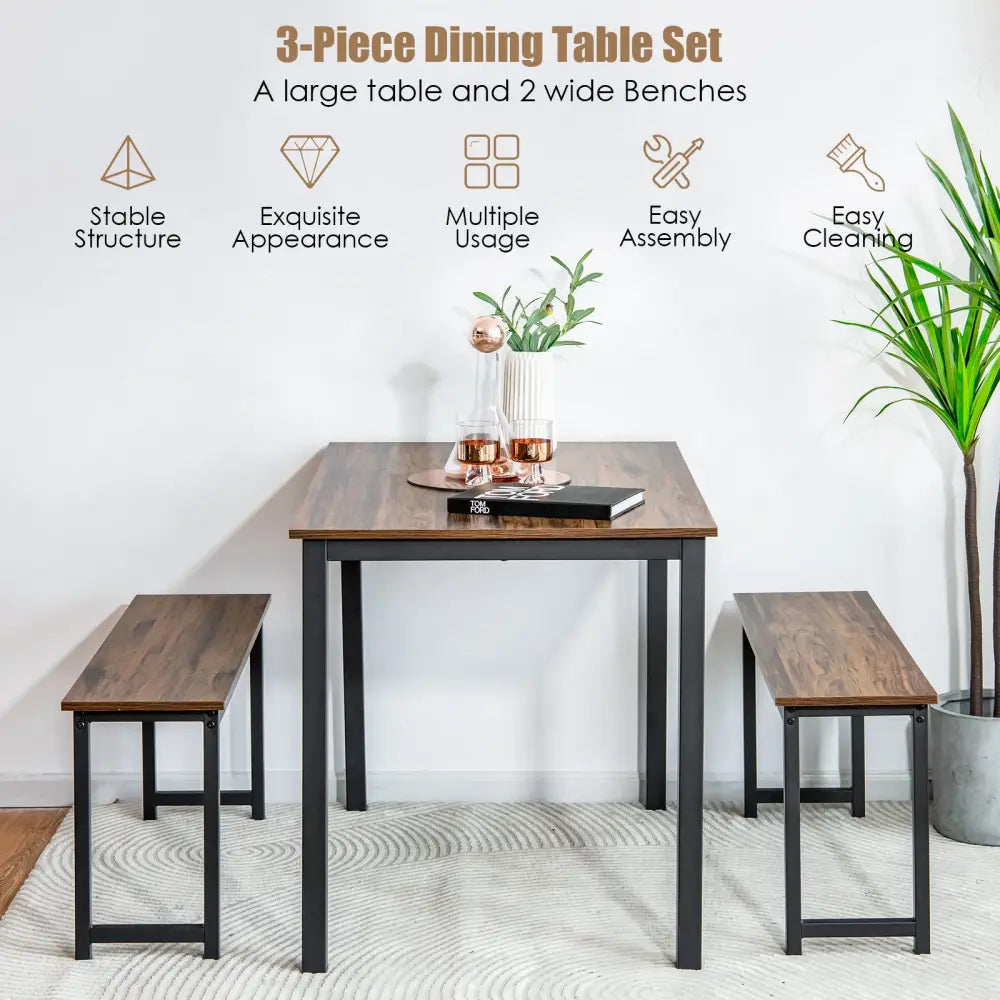 3 Pieces Dining Table Set with 2 Benches for Dining Room Kitchen Bar-Brown - Brown - Dining Room Sets