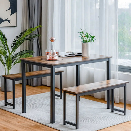 3 Pieces Dining Table Set with 2 Benches for Dining Room Kitchen Bar-Brown Costway