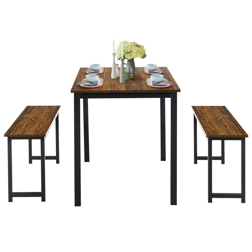 3 Pieces Dining Table Set with 2 Benches for Dining Room Kitchen Bar-Brown - Brown - Dining Room Sets