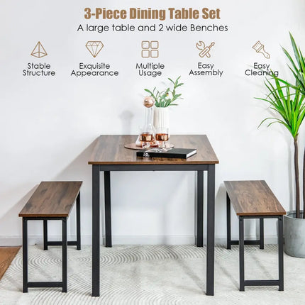 3 Pieces Dining Table Set with 2 Benches for Dining Room Kitchen Bar-Brown Costway