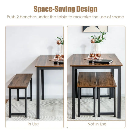 3 Pieces Dining Table Set with 2 Benches for Dining Room Kitchen Bar-Brown Costway