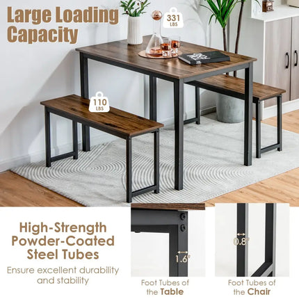 3 Pieces Dining Table Set with 2 Benches for Dining Room Kitchen Bar-Brown Costway