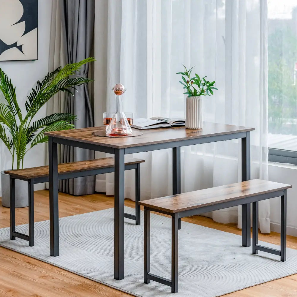 3 Pieces Dining Table Set with 2 Benches for Dining Room Kitchen Bar-Brown - Brown - Dining Room Sets