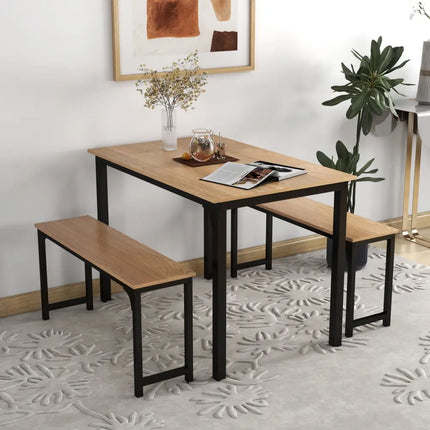 3 Pieces Dining Table Set with 2 Benches for Dining Room Kitchen Bar-Natural Costway