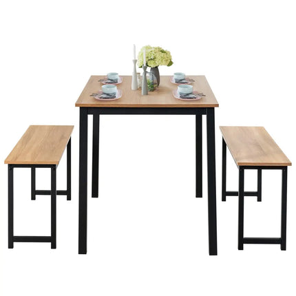 3 Pieces Dining Table Set with 2 Benches for Dining Room Kitchen Bar-Natural Costway