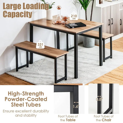 3 Pieces Dining Table Set with 2 Benches for Dining Room Kitchen Bar-Natural Costway