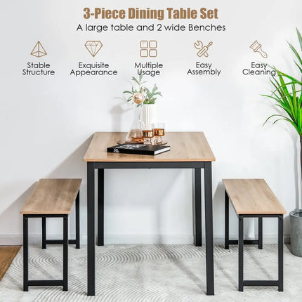 3 Pieces Dining Table Set with 2 Benches for Dining Room Kitchen Bar-Natural Costway