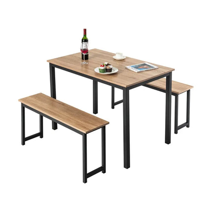 3 Pieces Dining Table Set with 2 Benches for Dining Room Kitchen Bar-Natural Costway