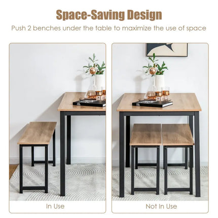 3 Pieces Dining Table Set with 2 Benches for Dining Room Kitchen Bar-Natural Costway