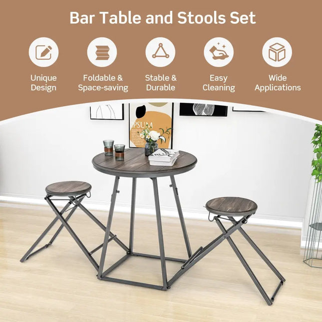 3 Pieces Dining Table Set with 2 Foldable Stools for Small Space-Gray Costway
