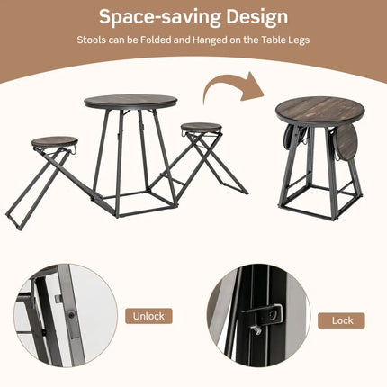 3 Pieces Dining Table Set with 2 Foldable Stools for Small Space-Gray Costway