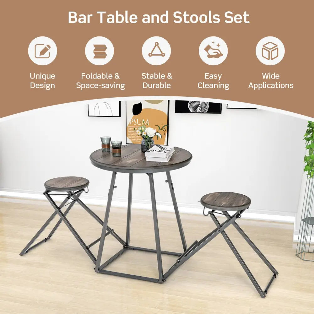 3 Pieces Dining Table Set with 2 Foldable Stools for Small Space-Gray - Gray - Dining Room Sets