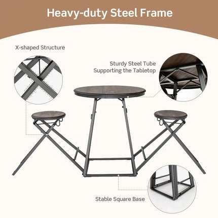 3 Pieces Dining Table Set with 2 Foldable Stools for Small Space-Gray Costway