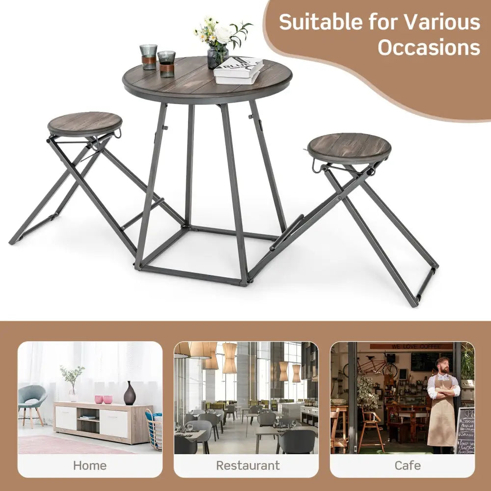 3 Pieces Dining Table Set with 2 Foldable Stools for Small Space-Gray - Gray - Dining Room Sets