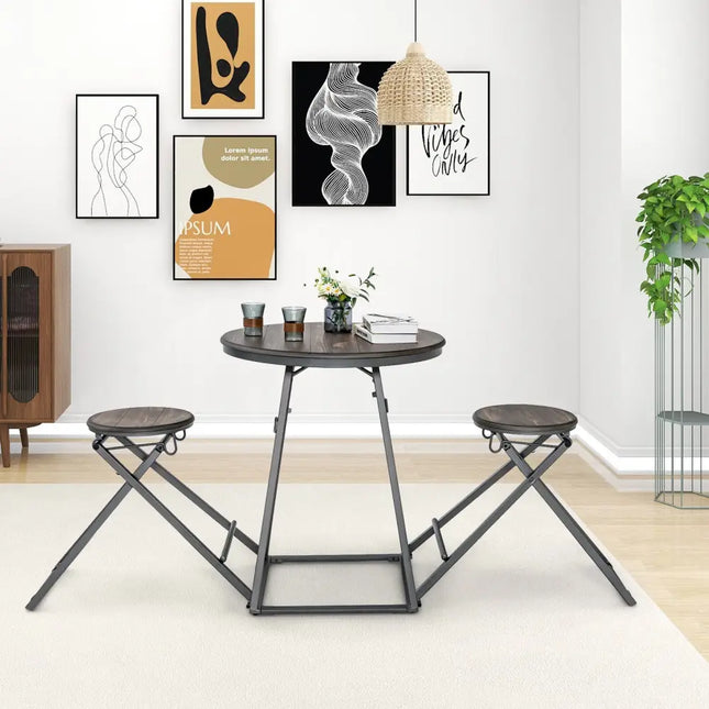 3 Pieces Dining Table Set with 2 Foldable Stools for Small Space-Gray Costway
