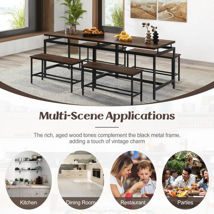 3 Pieces Dining Table Set with Wooden Kitchen Table and 2 Benches-Brown Costway