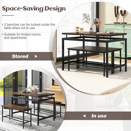 3 Pieces Dining Table Set with Wooden Kitchen Table and 2 Benches-Brown Costway