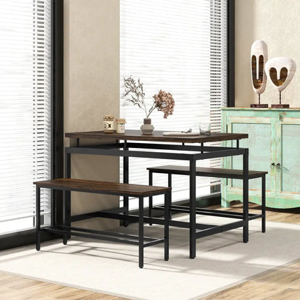 3 Pieces Dining Table Set with Wooden Kitchen Table and 2 Benches-Brown Costway