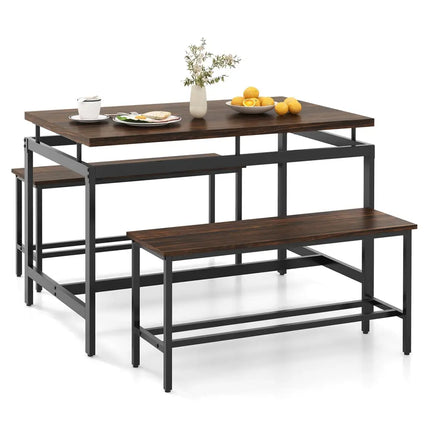 3 Pieces Dining Table Set with Wooden Kitchen Table and 2 Benches-Brown Costway