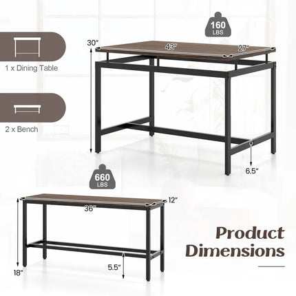 3 Pieces Dining Table Set with Wooden Kitchen Table and 2 Benches-Brown Costway