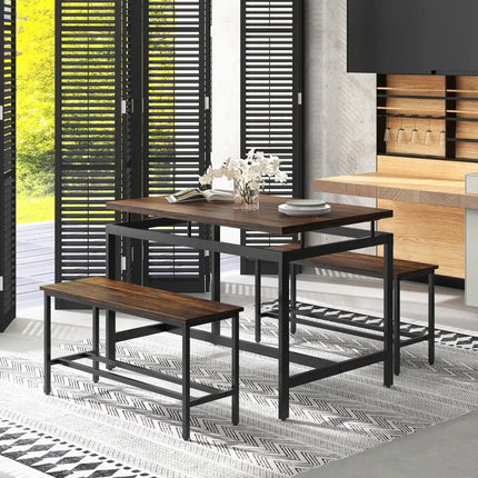 3 Pieces Dining Table Set with Wooden Kitchen Table and 2 Benches-Brown Costway